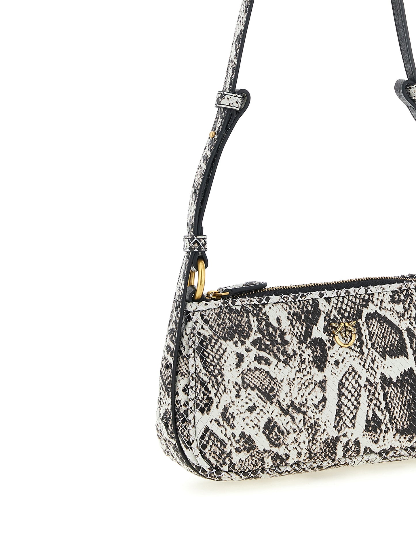 Compact 2-in-1 Shoulder & Crossbody Handbag by PINKO for women in calfskin leather gray, gold & print features a versatile chic silhouette, meticulously detailed with a secure zipper & magnetic, ample , and versatile crossbody-strap, shoulder-strap & handle.