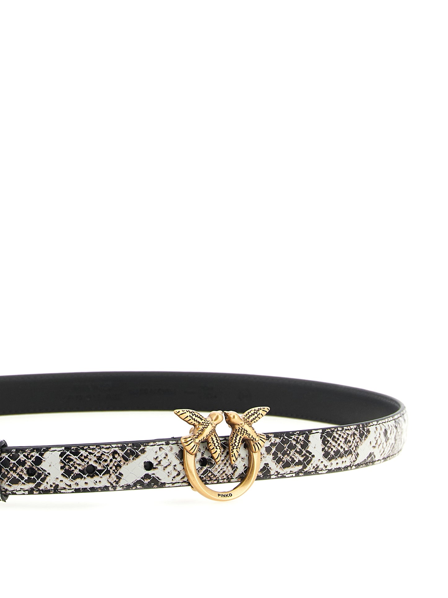 Belt by PINKO for women in python calfskin leather gray, gold & print features a artisanal-chic design, artfully capturing the essence of the Love Birds Python Calfskin Leather Belt with a artisanal-chic finish.