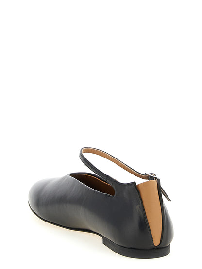 Ballet Flat Shoes by Jil Sander for women in calfskin leather black, camel & silver presents a impeccable silhouette as Women's Calfskin Leather Ballet Flat Shoes, artfully designed with a and a impeccable for a refined, upscale finish.