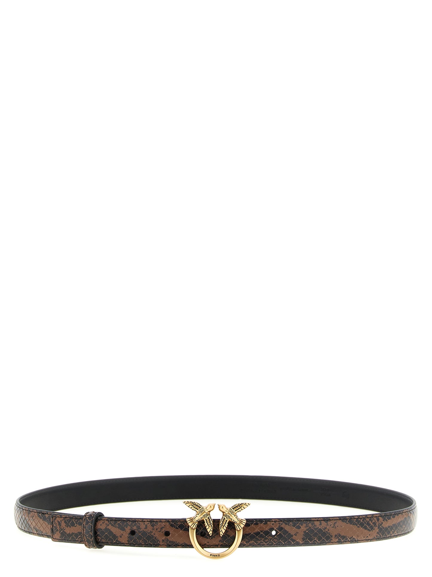 Belt by PINKO for women in calfskin leather black, brown, gold & print features an distinguished design, perfectly showcasing the sophisticated craftsmanship of this distinguished Love Birds Calfskin Leather Belt.