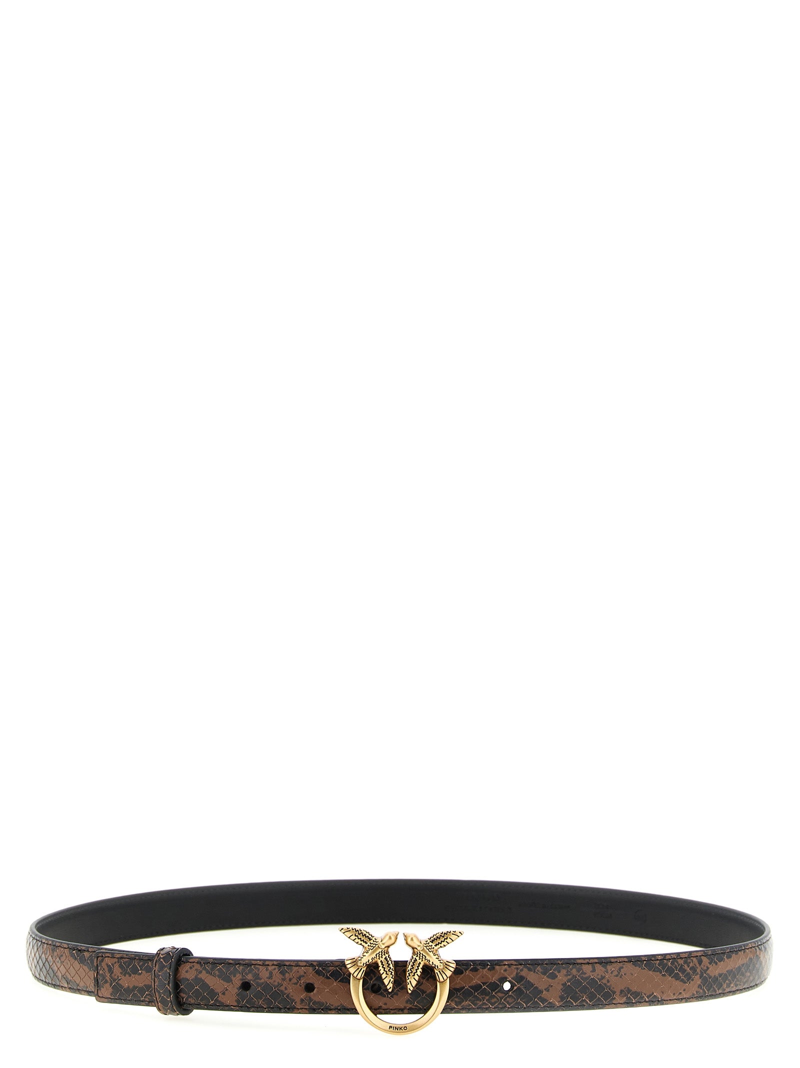 Belt by PINKO for women in calfskin leather black, brown, gold & print features an distinguished design, perfectly showcasing the sophisticated craftsmanship of this distinguished Love Birds Calfskin Leather Belt.