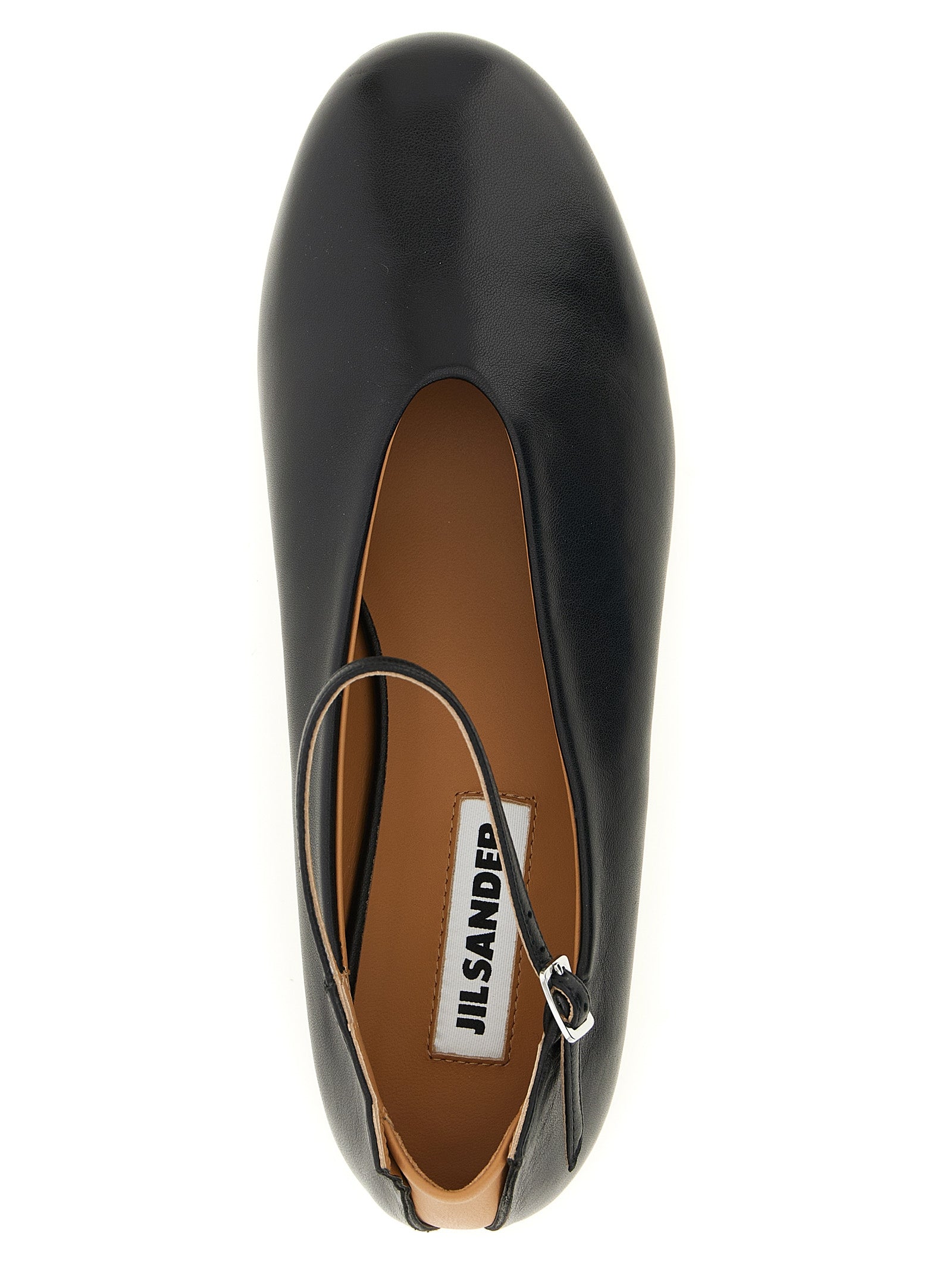 Ballet Flat Shoes by Jil Sander for women in calfskin leather black, camel & silver presents a effortless chic silhouette, showcasing the Women's Calfskin Leather Ballet Flat Shoes design with a effortless chic and for a sophisticated look.