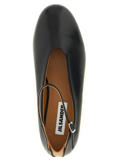 Ballet Flat Shoes by Jil Sander for women in calfskin leather black, camel & silver presents a effortless chic silhouette, showcasing the Women's Calfskin Leather Ballet Flat Shoes design with a effortless chic and for a sophisticated look.