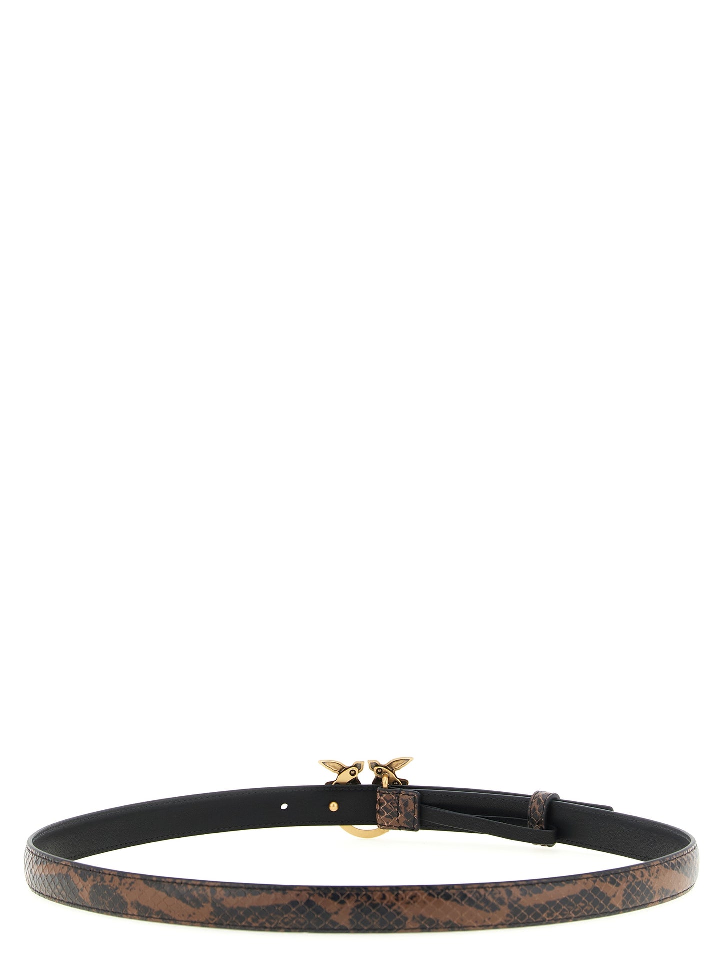 Belt by PINKO for women in calfskin leather black, brown, gold & print features a bohemian chic silhouette, showcasing the bohemian chic Love Birds Calfskin Leather Belt design with a sophisticated bohemian chic finish.