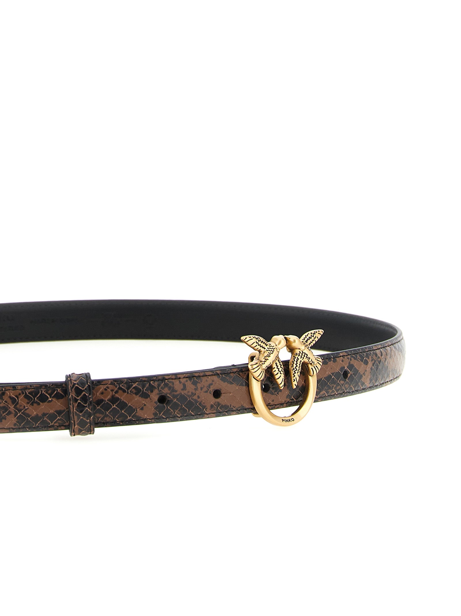 Belt by PINKO for women in calfskin leather black, brown, gold & print features a versatile silhouette, artfully showcasing the versatile design of the Love Birds Calfskin Leather Belt for a sophisticated, premium finish.