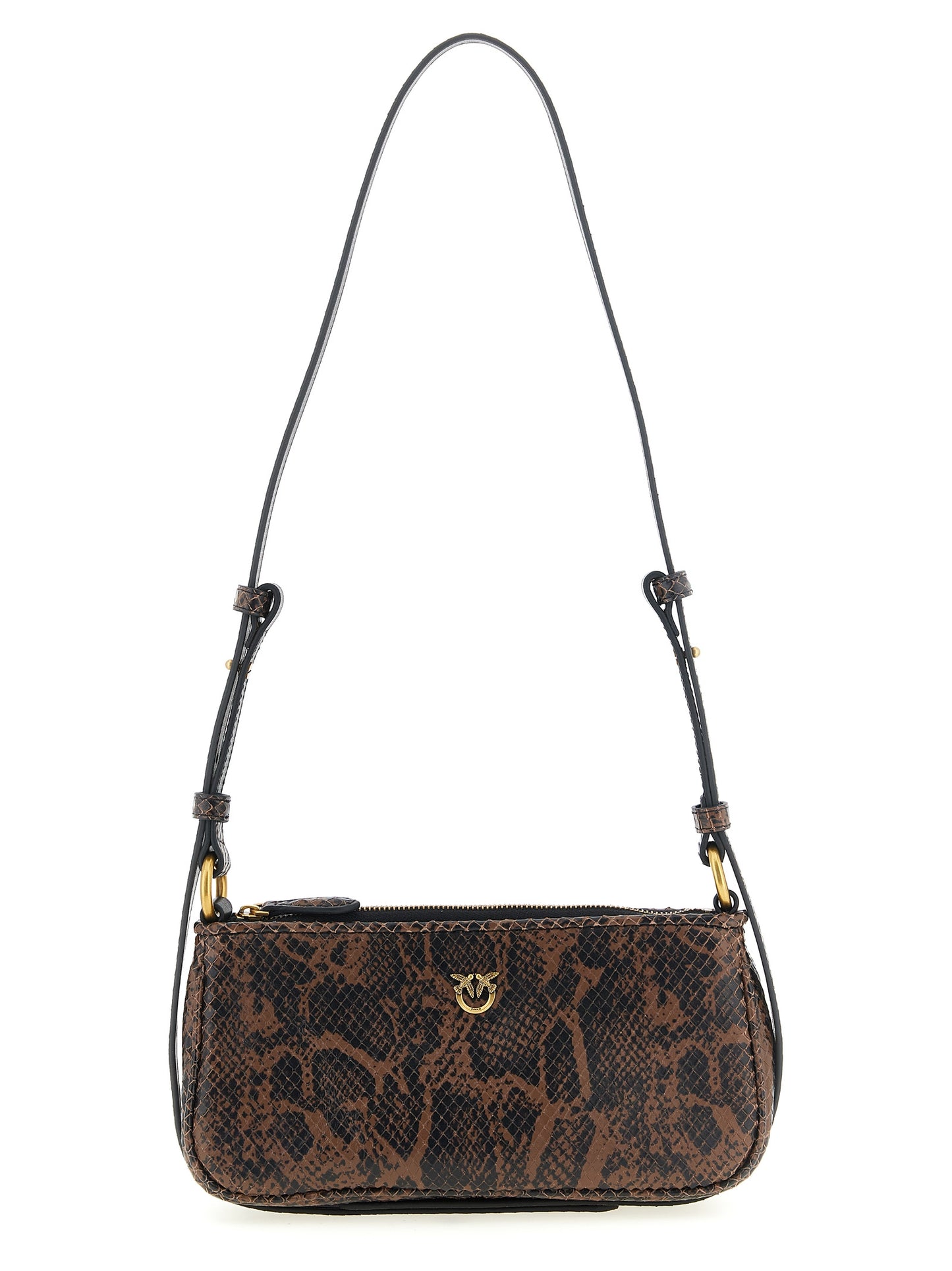 Compact 2-in-1 Shoulder & Crossbody Handbag by PINKO for women in calfskin leather & nylon black, brown, gold & print features an multi-faceted design with a secure zipper, ample , and versatile crossbody-strap, shoulder-strap & adjustable-strap for a multi-faceted finish.
