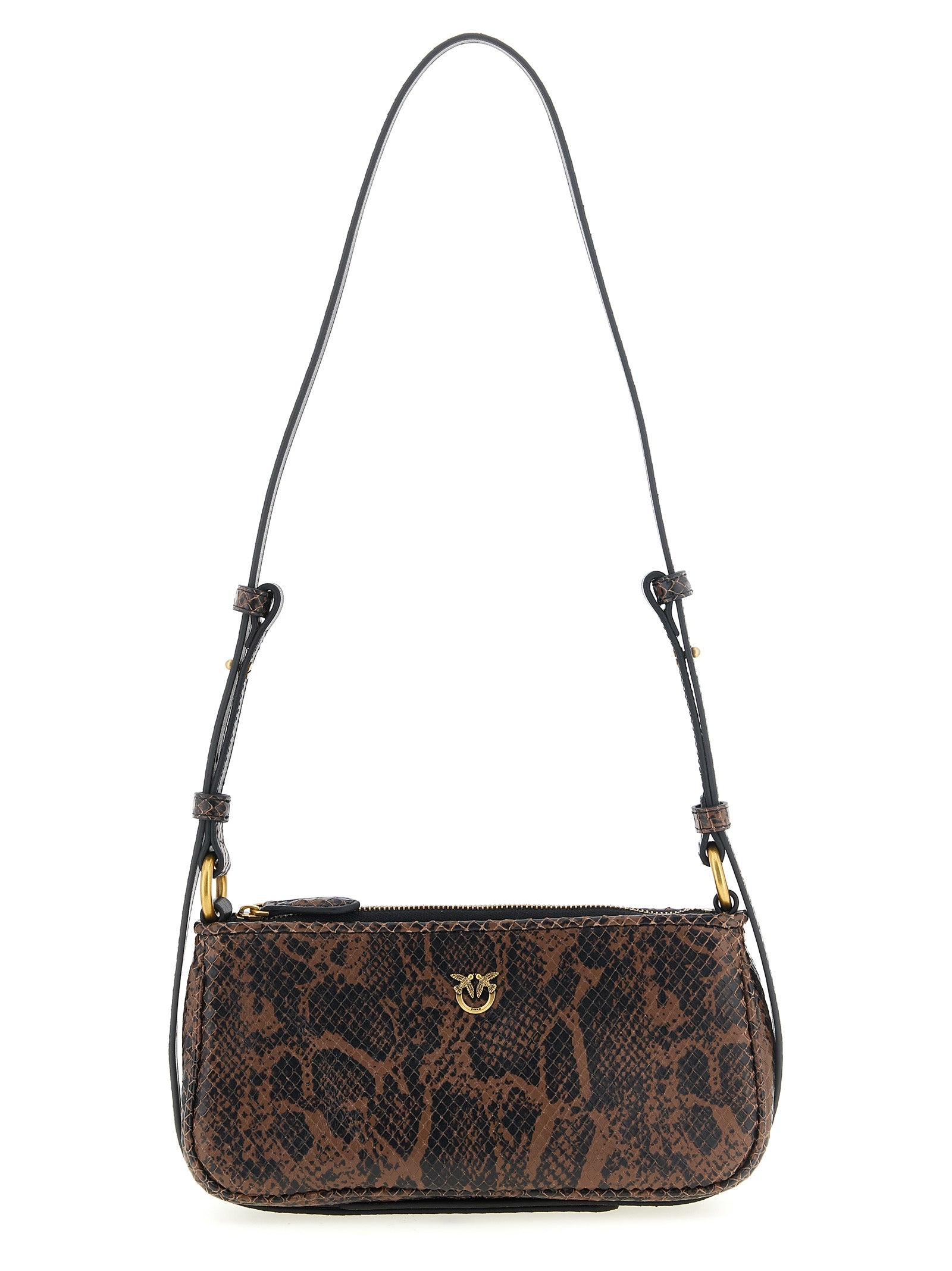 Compact 2-in-1 Shoulder & Crossbody Handbag by PINKO for women in calfskin leather & nylon black, brown, gold & print features an multi-faceted design with a secure zipper, ample , and versatile crossbody-strap, shoulder-strap & adjustable-strap for a multi-faceted finish.