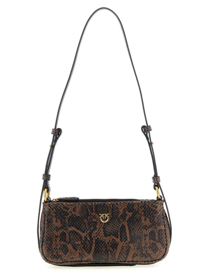 Compact 2-in-1 Shoulder & Crossbody Handbag by PINKO for women in calfskin leather & nylon black, brown, gold & print features an multi-faceted design with a secure zipper, ample , and versatile crossbody-strap, shoulder-strap & adjustable-strap for a multi-faceted finish.