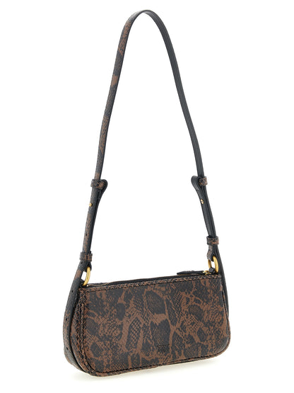 Compact 2-in-1 Shoulder & Crossbody Handbag by PINKO for women in calfskin leather & nylon black, brown, gold & print features a transformative elegance silhouette, showcasing a secure zipper, organized , and versatile crossbody-strap, shoulder-strap & adjustable-strap for a transformative elegance look.