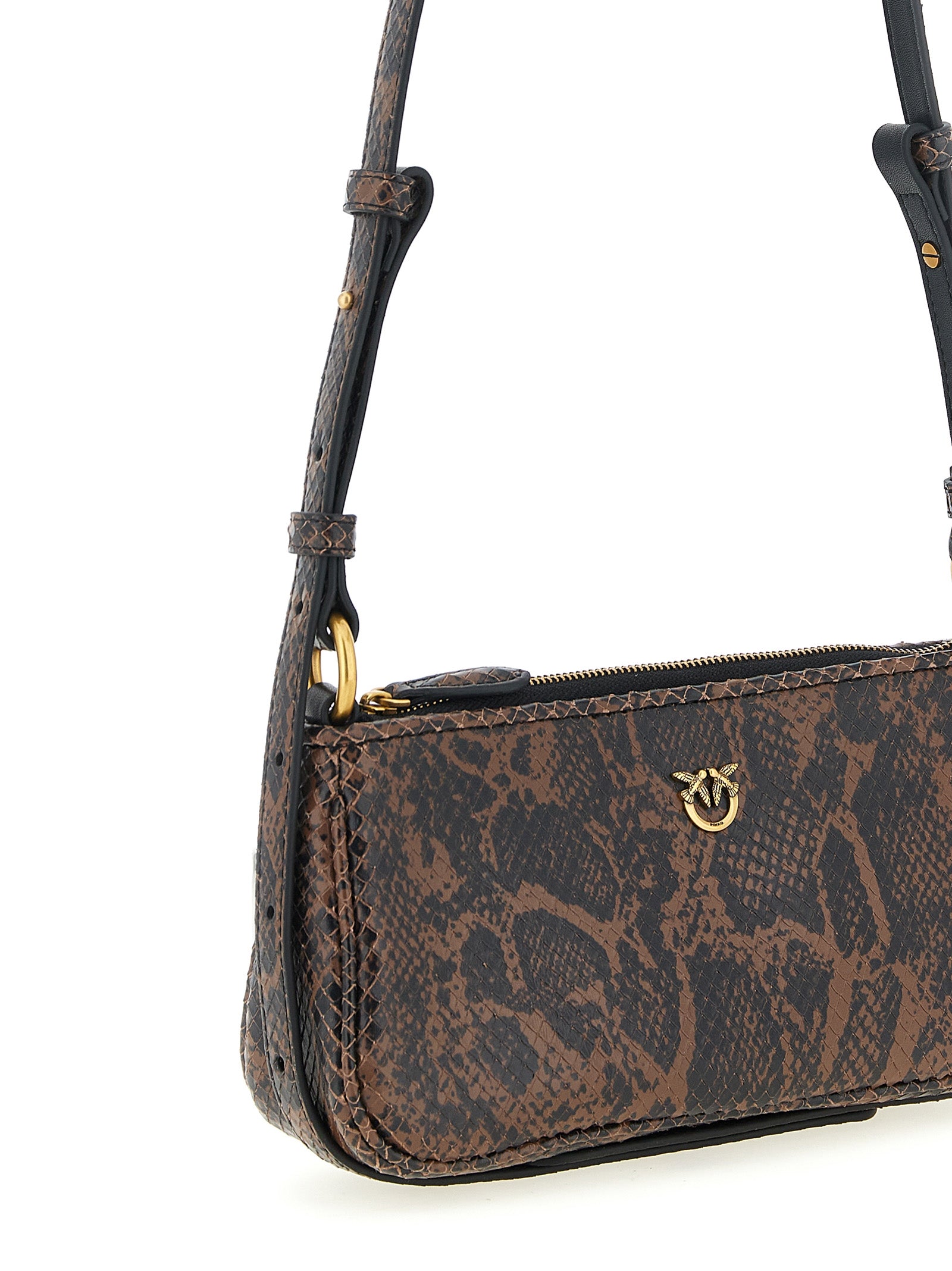 Compact 2-in-1 Shoulder & Crossbody Handbag by PINKO for women in calfskin leather & nylon black, brown, gold & print features a transformative sophistication silhouette, showcasing a secure zipper, ample , and versatile crossbody-strap, shoulder-strap & adjustable-strap for a transformative sophistication look.