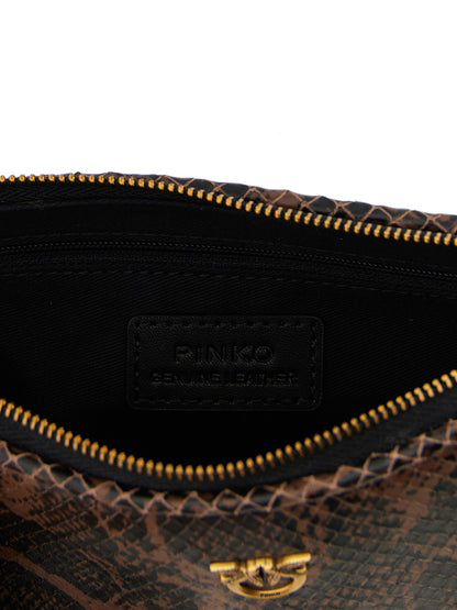 Compact 2-in-1 Shoulder & Crossbody Handbag by PINKO for women in calfskin leather & nylon black, brown, gold & print features an versatile silhouette, showcasing a secure zipper and versatile with versatile crossbody-strap, shoulder-strap & adjustable-strap for a versatile finish.