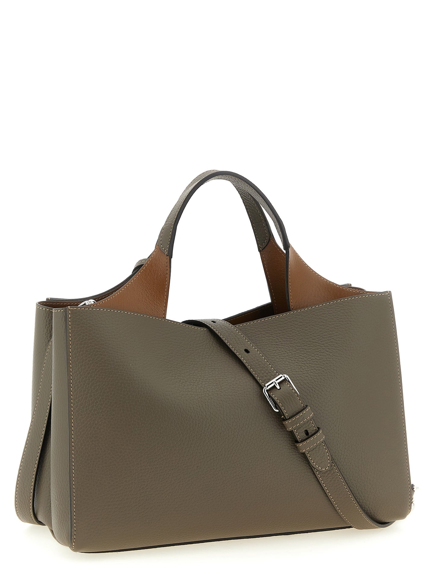 Small Bucket Handbag by Tod's for women in calfskin leather brown, gray & silver features a ornamental silhouette, showcasing a secure buckle, ample , and ornamental shoulder-strap, handle, adjustable-strap & detachable-strap for a sophisticated look.