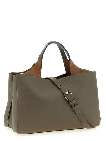 Small Bucket Handbag by Tod's for women in calfskin leather brown, gray & silver features a ornamental silhouette, showcasing a secure buckle, ample , and ornamental shoulder-strap, handle, adjustable-strap & detachable-strap for a sophisticated look.