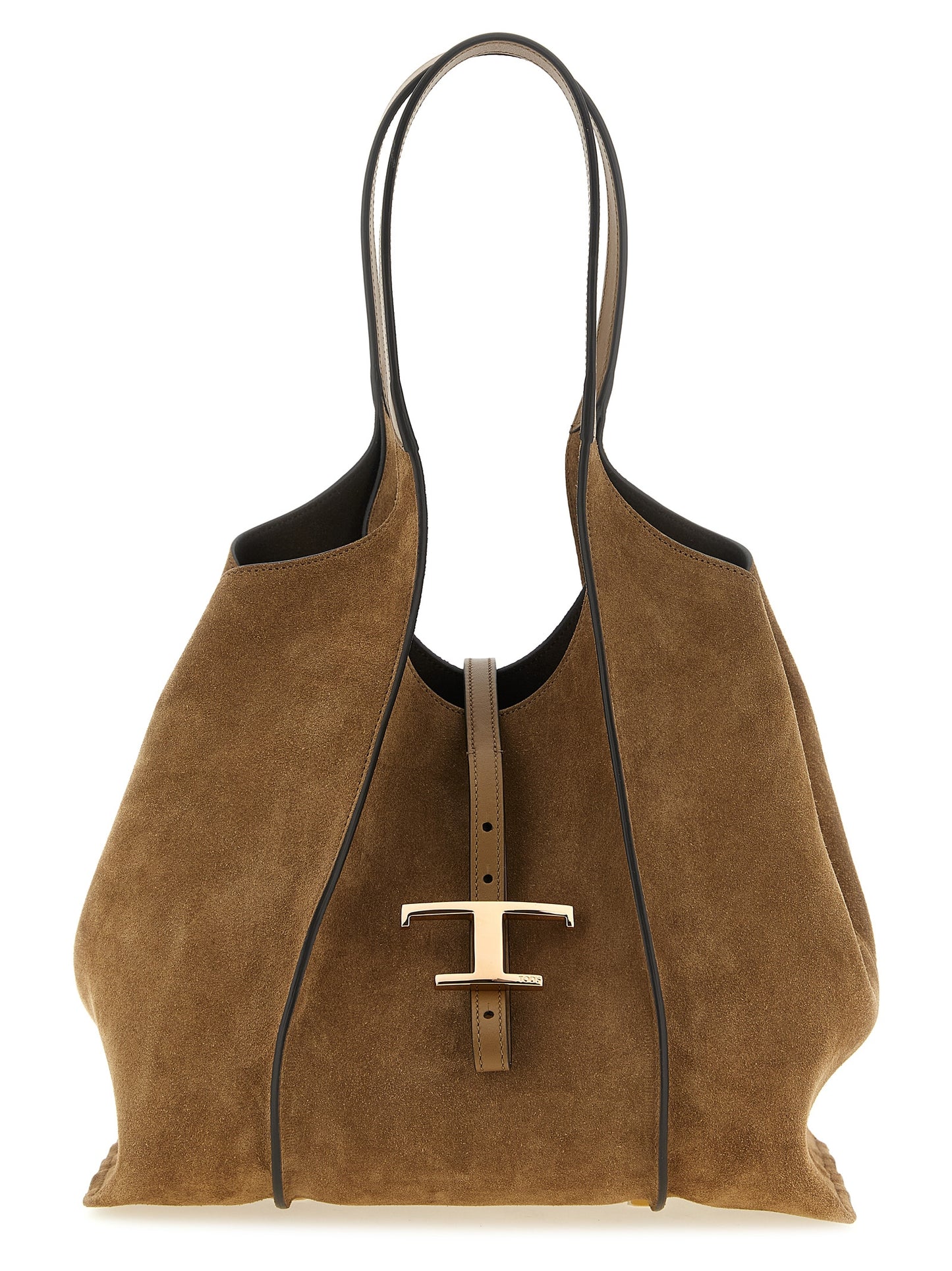 Shopper Tote Clutch Bag by Tod's for women in calfskin leather & nylon brown & gold features a jet-set sophisticated T Timeless Calfskin Leather & Nylon Shopper Tote Clutch Bag design with a secure zipper, ample , and versatile handle for a jet-set sophisticated finish.