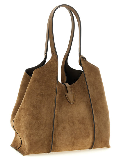 Shopper Tote Clutch Bag by Tod's for women in calfskin leather & nylon brown & gold features an jet-set T Timeless Calfskin Leather & Nylon Shopper Tote Clutch Bag design with a secure zipper, ample , and versatile handle for an jet-set finish.