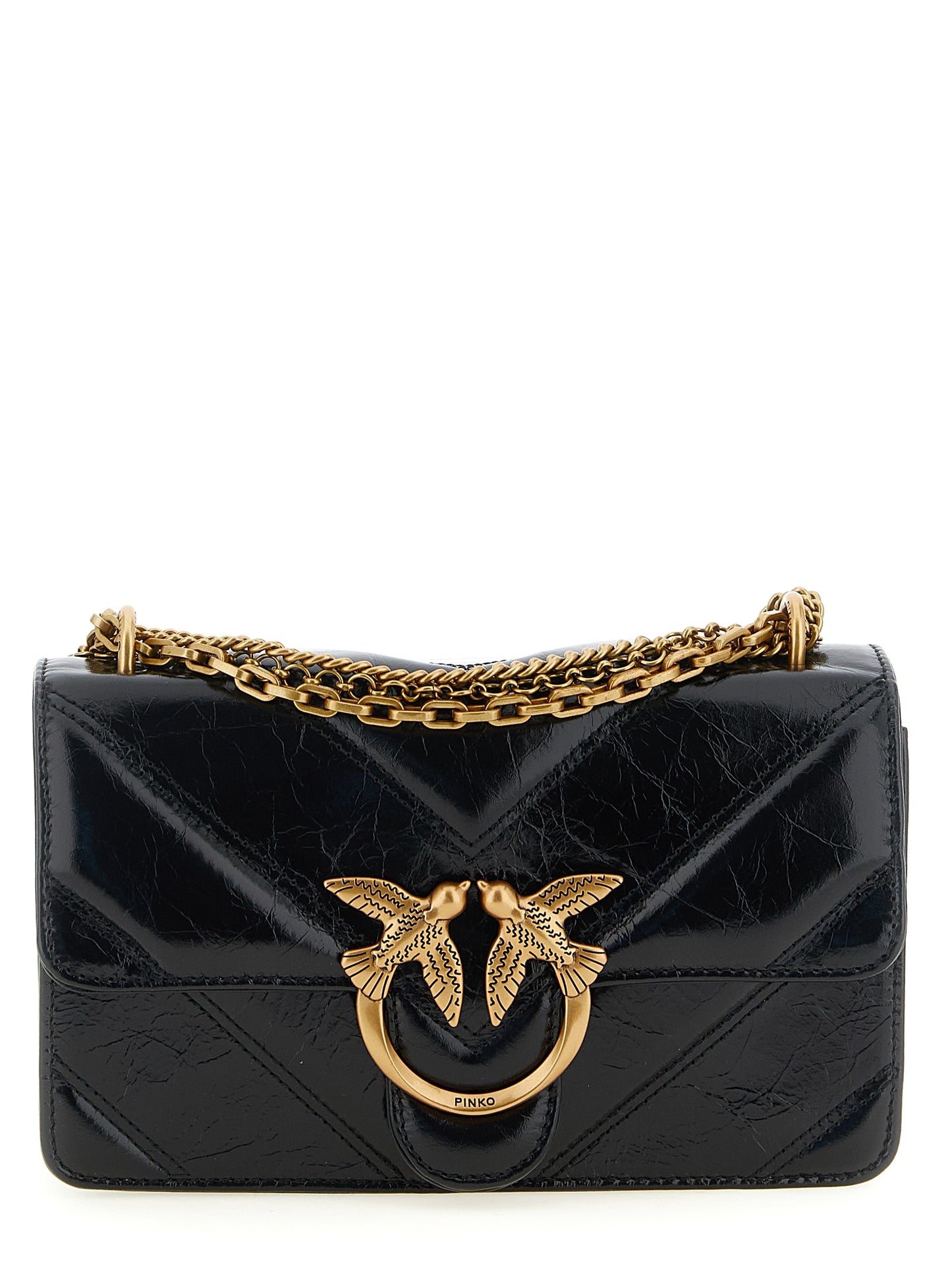2-in-1 Shoulder & Crossbody Flap Handbag by PINKO for women in calfskin leather black, gold & chevron features an versatile silhouette, showcasing a secure flap, zipper, magnetic & buckle and versatile with versatile crossbody-strap & shoulder-strap for a versatile finish.