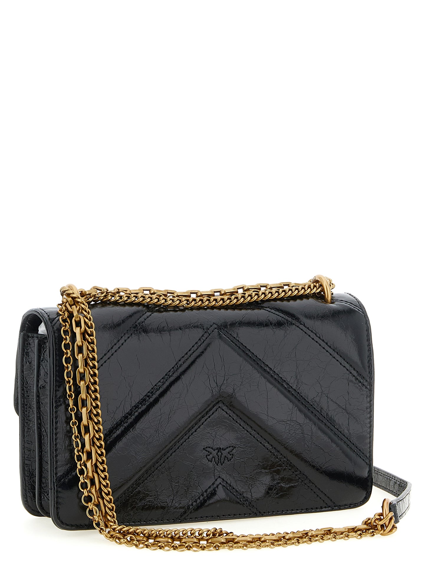 2-in-1 Shoulder & Crossbody Flap Handbag by PINKO for women in calfskin leather black, gold & chevron features an multi-faceted design with a secure flap, zipper, magnetic & buckle, ample , and versatile crossbody-strap & shoulder-strap for a multi-faceted finish.
