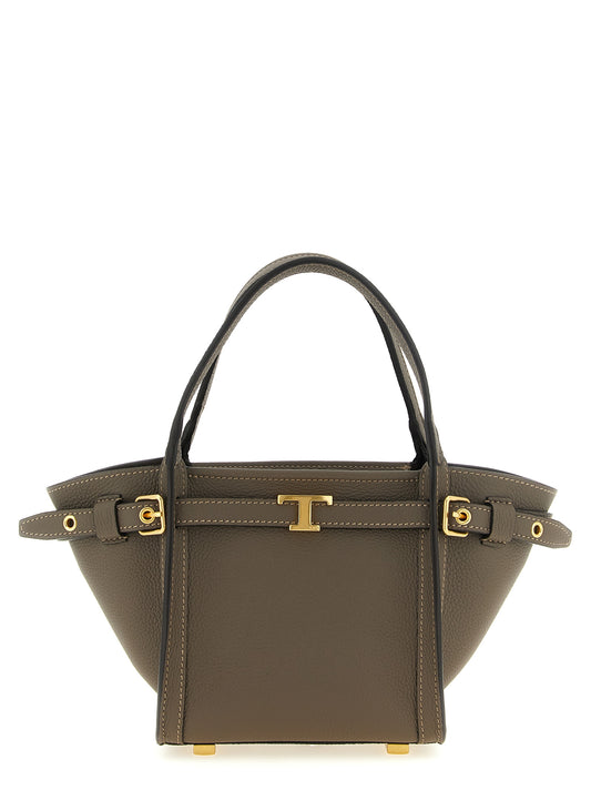 Mini Shopper Tote Bag by Tod's for women in calfskin leather gray & gold showcases a urban-chic T Timeless Tim Calfskin Leather Mini Shopper Tote Bag design, featuring a secure snap & zipper, ample , and versatile shoulder-strap, handle, adjustable-strap, detachable-strap & belt-strap for a urban-chic finish.