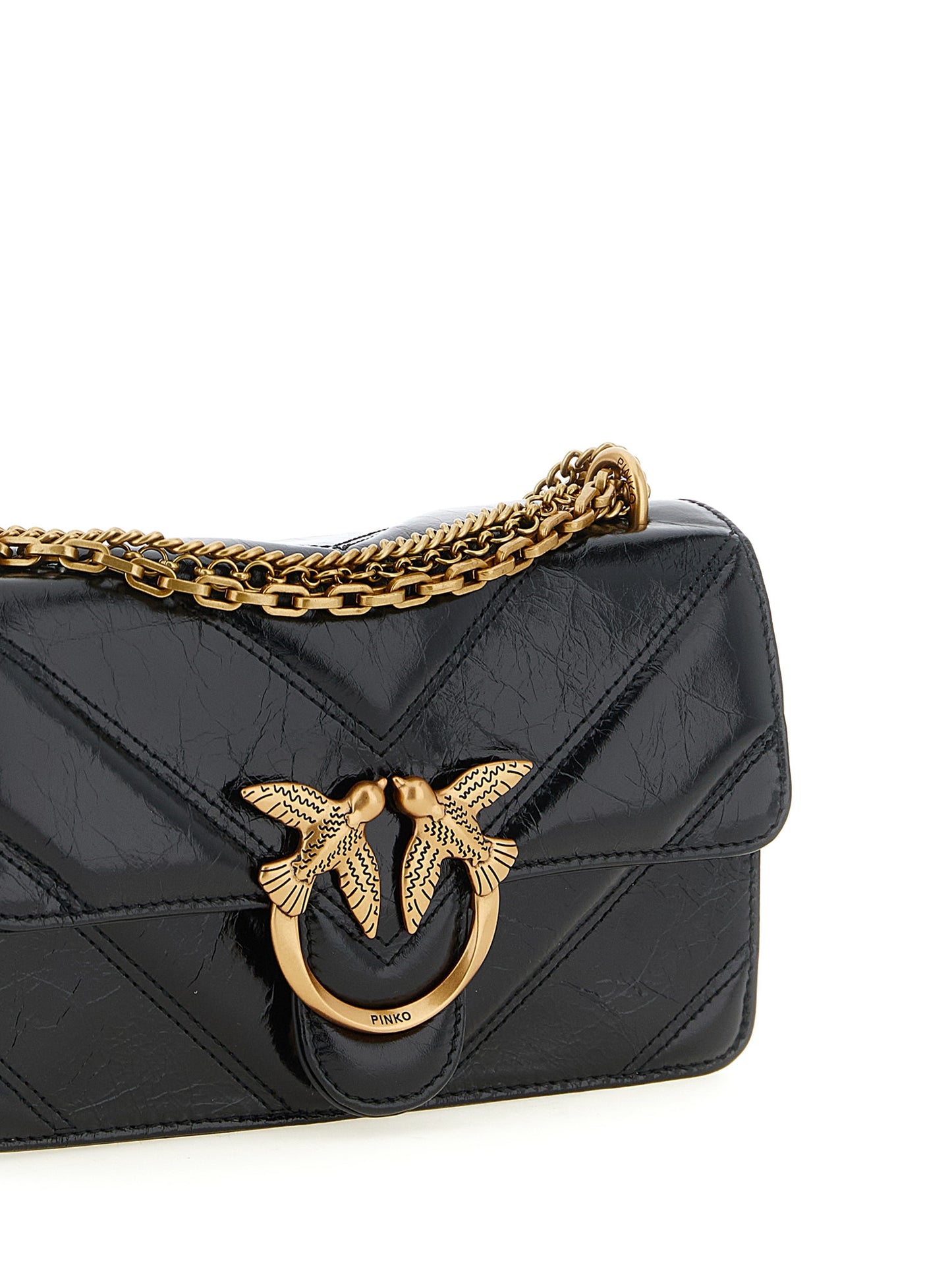 2-in-1 Shoulder & Crossbody Flap Handbag by PINKO for women in calfskin leather black, gold & chevron showcases a versatile sophistication silhouette, featuring a secure flap, zipper, magnetic & buckle, versatile sophistication , and versatile crossbody-strap & shoulder-strap for a versatile sophistication finish.