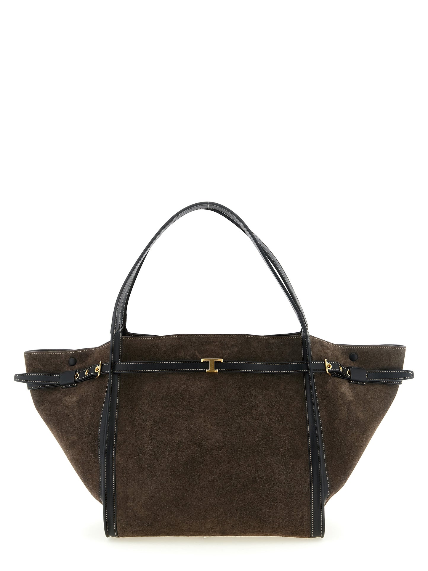 Shopper Tote Bag by Tod's for women in calfskin leather & nylon brown & gold features a jet-set sophisticated T Timeless Tim Calfskin Leather & Nylon Shopper Tote Bag design with a secure snap & zipper, ample , and versatile handle, adjustable-strap & belt-strap for a jet-set sophisticated finish.