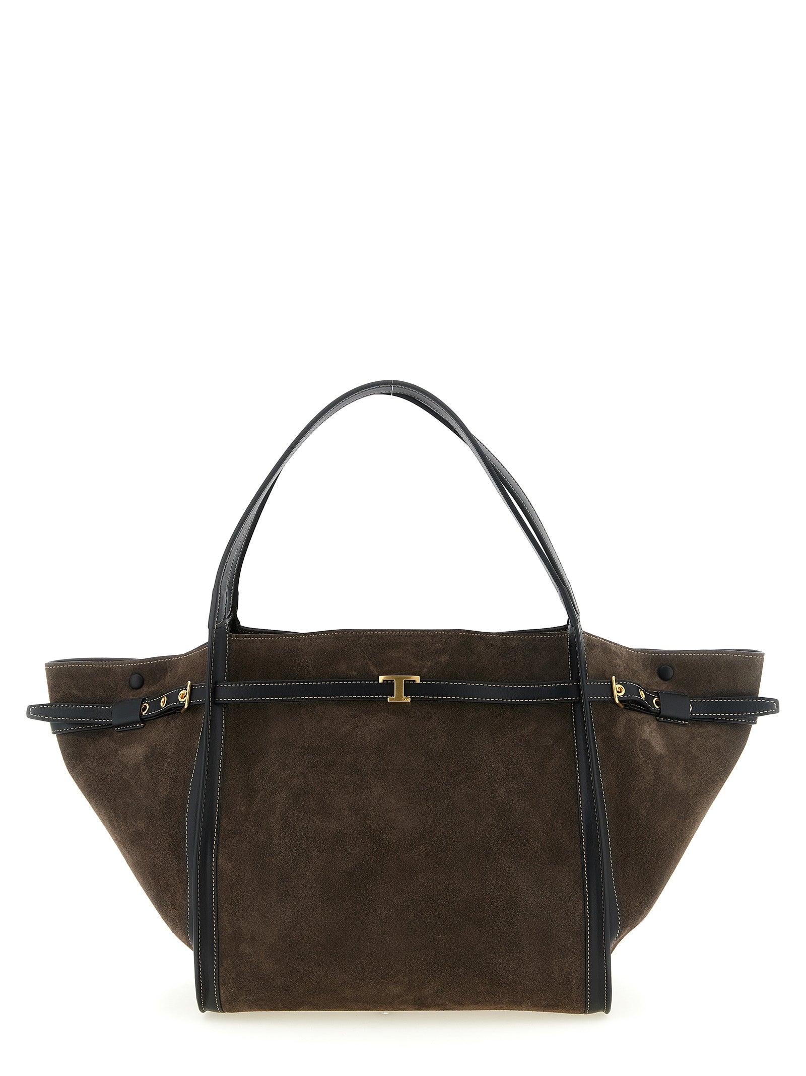 Shopper Tote Bag by Tod's for women in calfskin leather & nylon brown & gold features a jet-set sophisticated T Timeless Tim Calfskin Leather & Nylon Shopper Tote Bag design with a secure snap & zipper, ample , and versatile handle, adjustable-strap & belt-strap for a jet-set sophisticated finish.