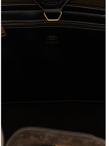 Shopper Tote Bag by Tod's for women in calfskin leather & nylon brown & gold showcases a statuesque T Timeless Tim Calfskin Leather & Nylon Shopper Tote Bag design, featuring a secure snap & zipper, ample , and versatile handle, adjustable-strap & belt-strap for a statuesque finish.