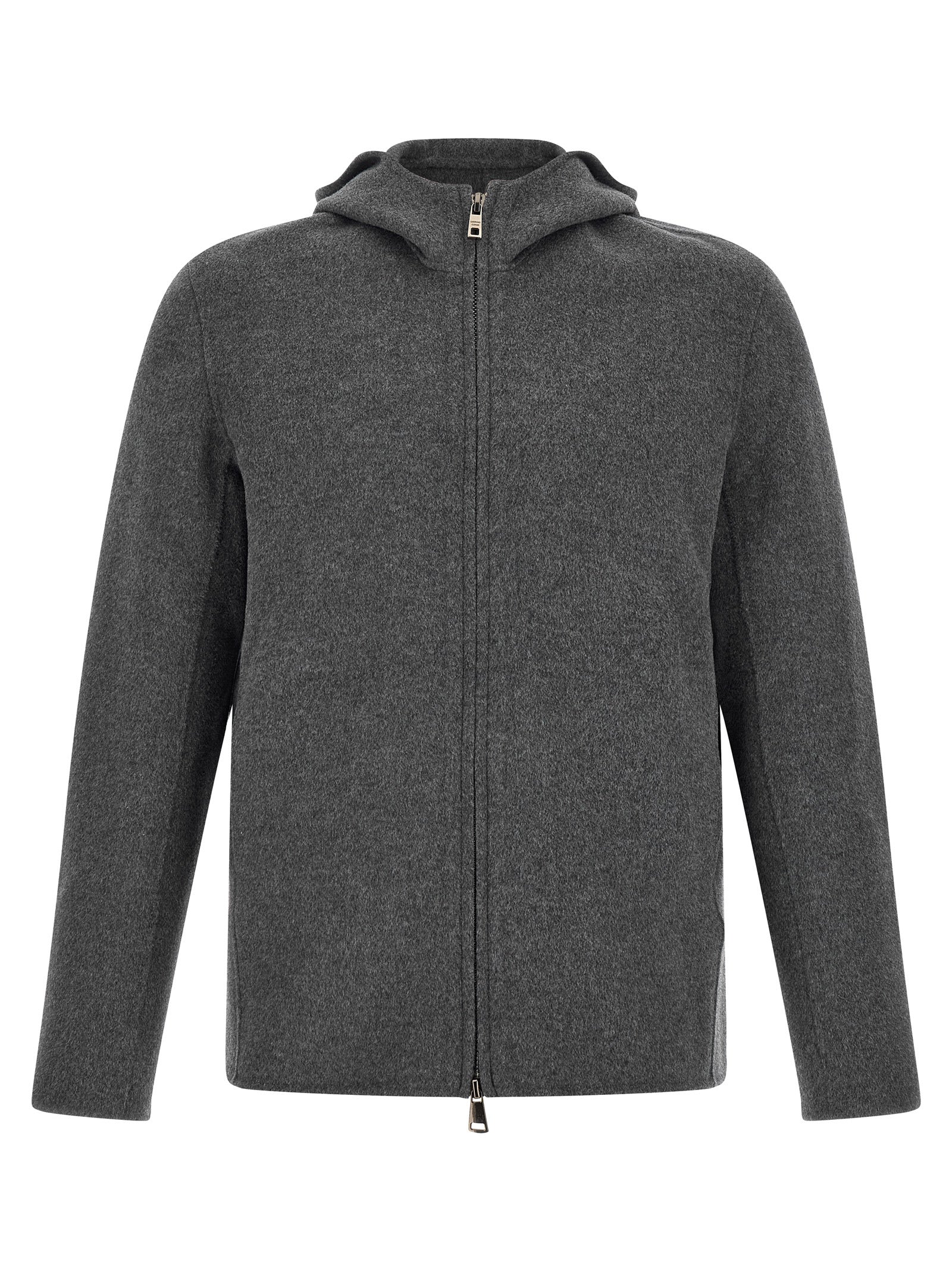 Hooded Overcoat by GIORGIO BRATO for men in cashmere wool gray presents a luxurious silhouette, showcasing a luxurious hooded high-neck neckline and sophisticated hooded for a premium, luxurious look.