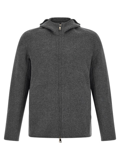 Hooded Overcoat by GIORGIO BRATO for men in cashmere wool gray presents a luxurious silhouette, showcasing a luxurious hooded high-neck neckline and sophisticated hooded for a premium, luxurious look.