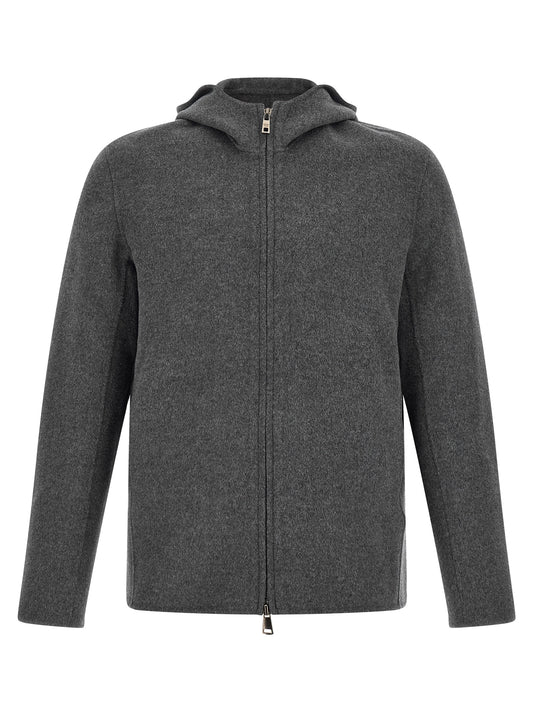 Hooded Overcoat by GIORGIO BRATO for men in cashmere wool gray presents a luxurious silhouette, showcasing a luxurious hooded high-neck neckline and sophisticated hooded for a premium, luxurious look.