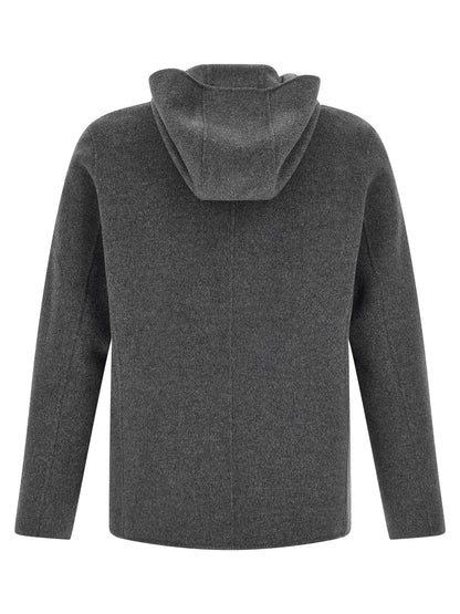 Hooded Overcoat by GIORGIO BRATO for men in cashmere wool gray features a contemporary silhouette showcasing a contemporary hooded high-neck neckline and refined hooded for a sophisticated finish.