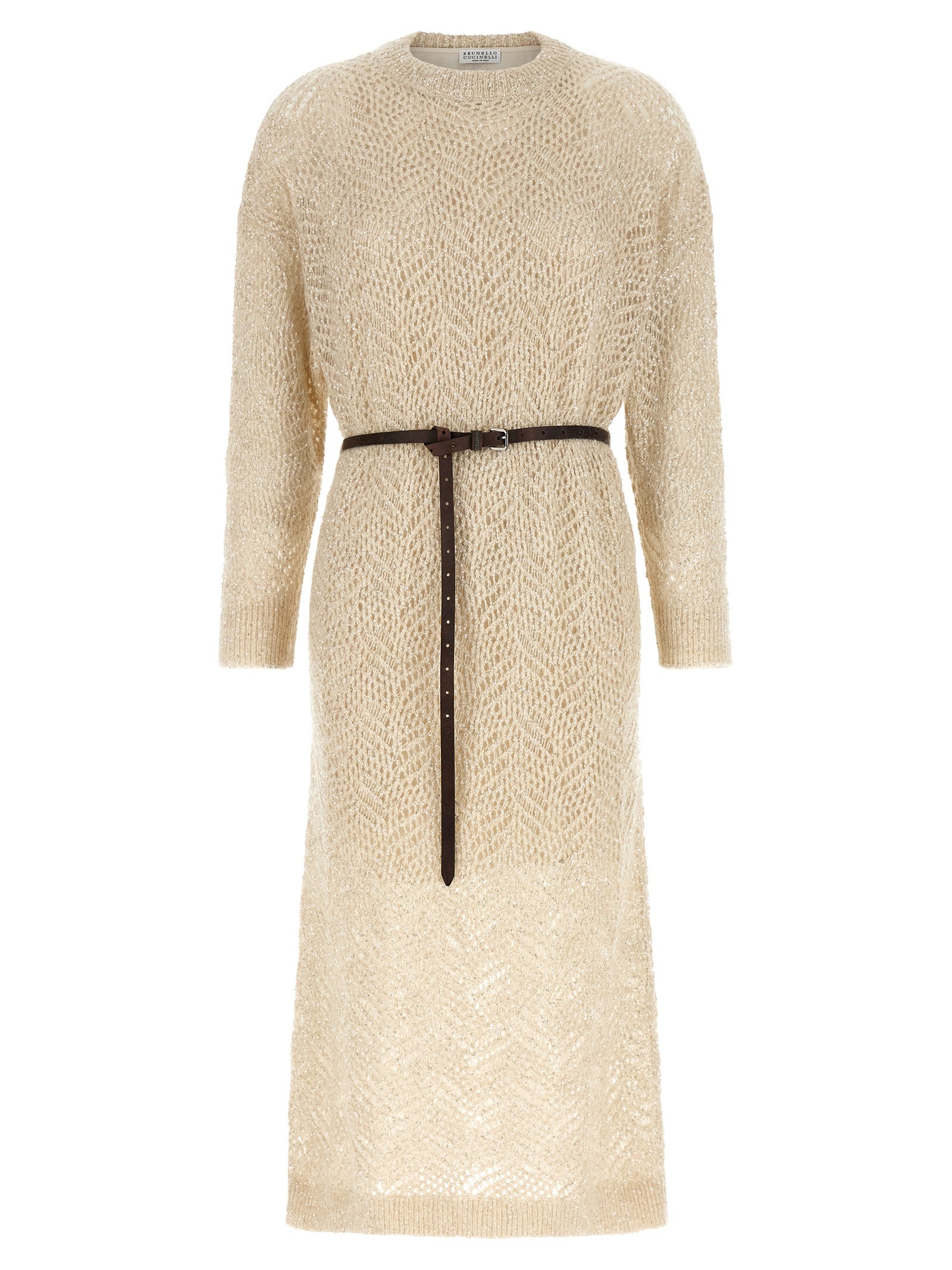 Dress by Brunello Cucinelli for women in polyamide leather & sequins beige & patterned features an sultry silhouette defined by a and long-sleeve, falling to an sultry midi for a sultry look.