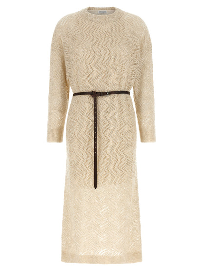 Dress by Brunello Cucinelli for women in polyamide leather & sequins beige & patterned features an sultry silhouette defined by a and long-sleeve, falling to an sultry midi for a sultry look.