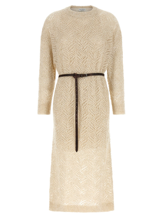 Dress by Brunello Cucinelli for women in polyamide leather & sequins beige & patterned features an sultry silhouette defined by a and long-sleeve, falling to an sultry midi for a sultry look.