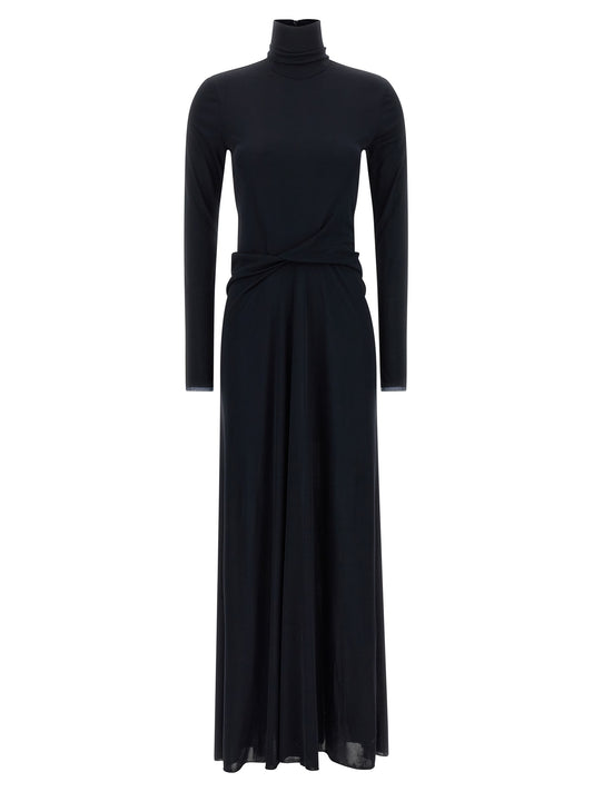 Dress by Fabiana Filippi for women in viscose blue, natural, transparent & patterned showcases a striking silhouette, elegantly detailed with a long-sleeve, refined high-neck neckline, and a striking long for a striking finish.