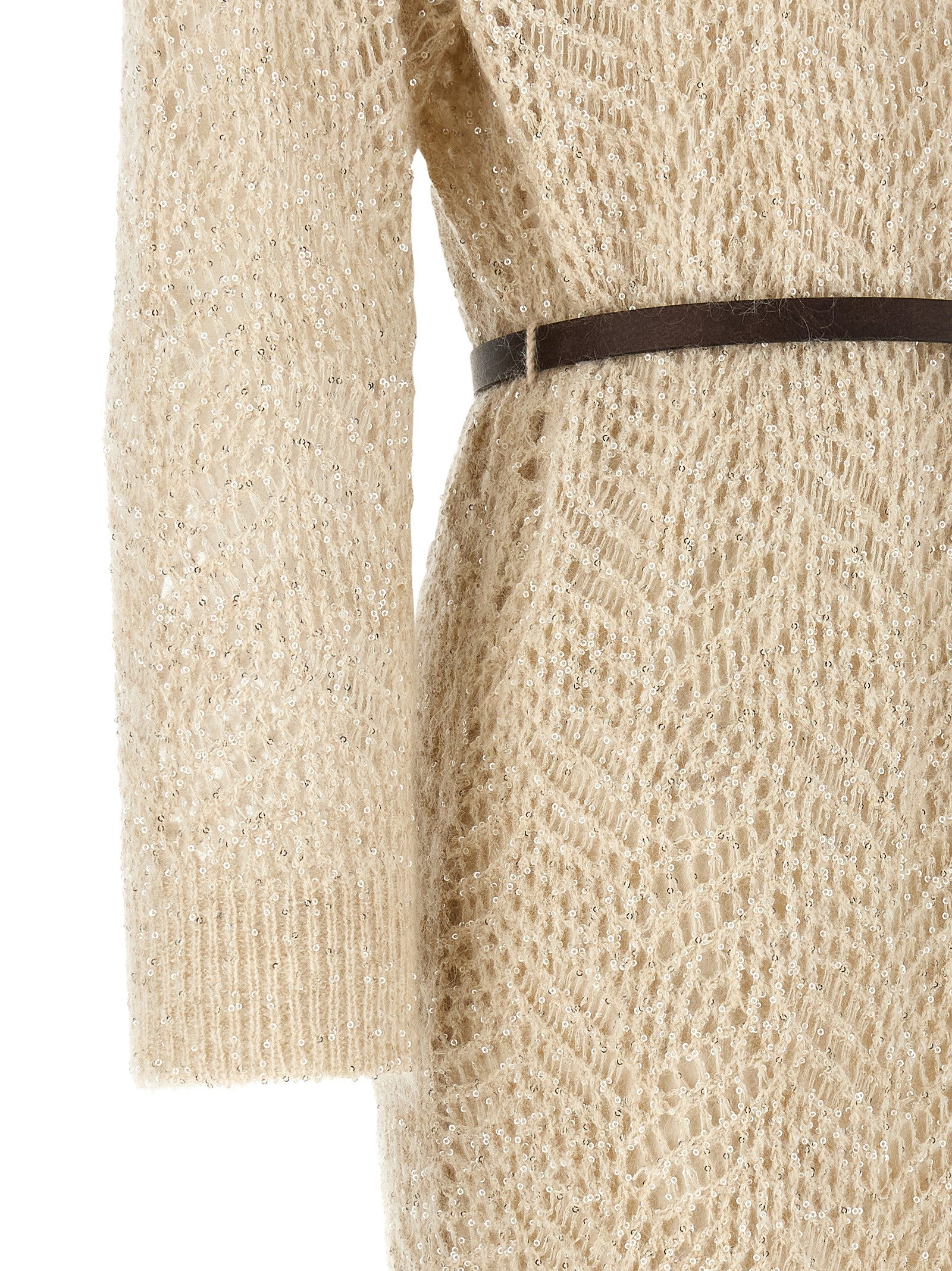 Dress by Brunello Cucinelli for women in polyamide leather & sequins beige & patterned features an sultry silhouette defined by a and , falling to an sultry midi for a sultry look.