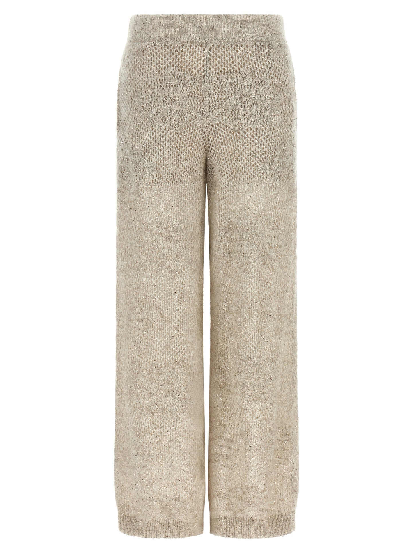 Trousers by Brunello Cucinelli for women in mohair virgin wool & sequins beige & sand features a sculptural silhouette, showcasing a sculptural straight-leg, relaxed-fit & wide and long with a sophisticated for a sculptural finish.