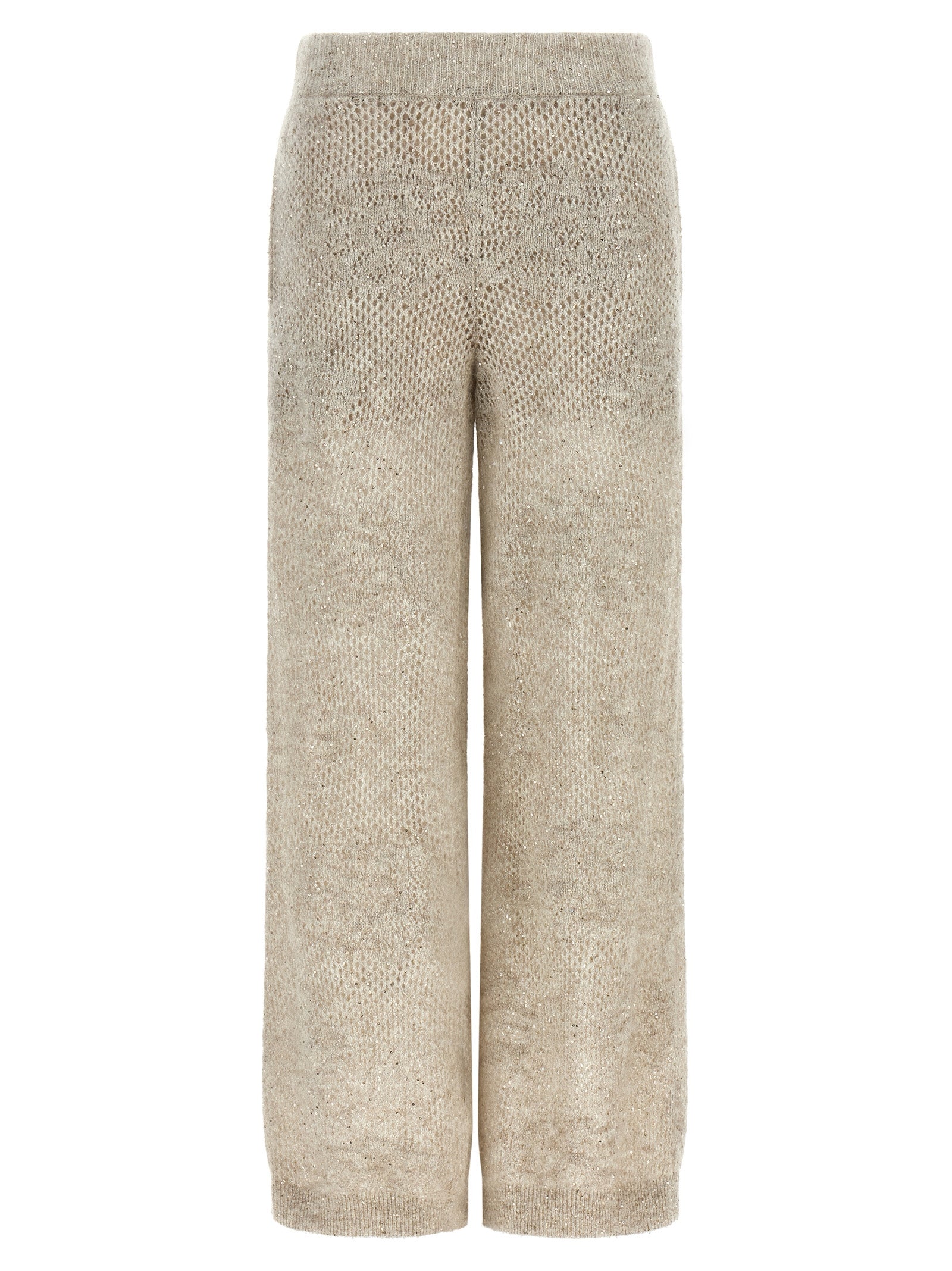 Trousers by Brunello Cucinelli for women in mohair virgin wool & sequins beige & sand features a sculptural silhouette, showcasing a sculptural straight-leg, relaxed-fit & wide and long with a sophisticated for a sculptural finish.
