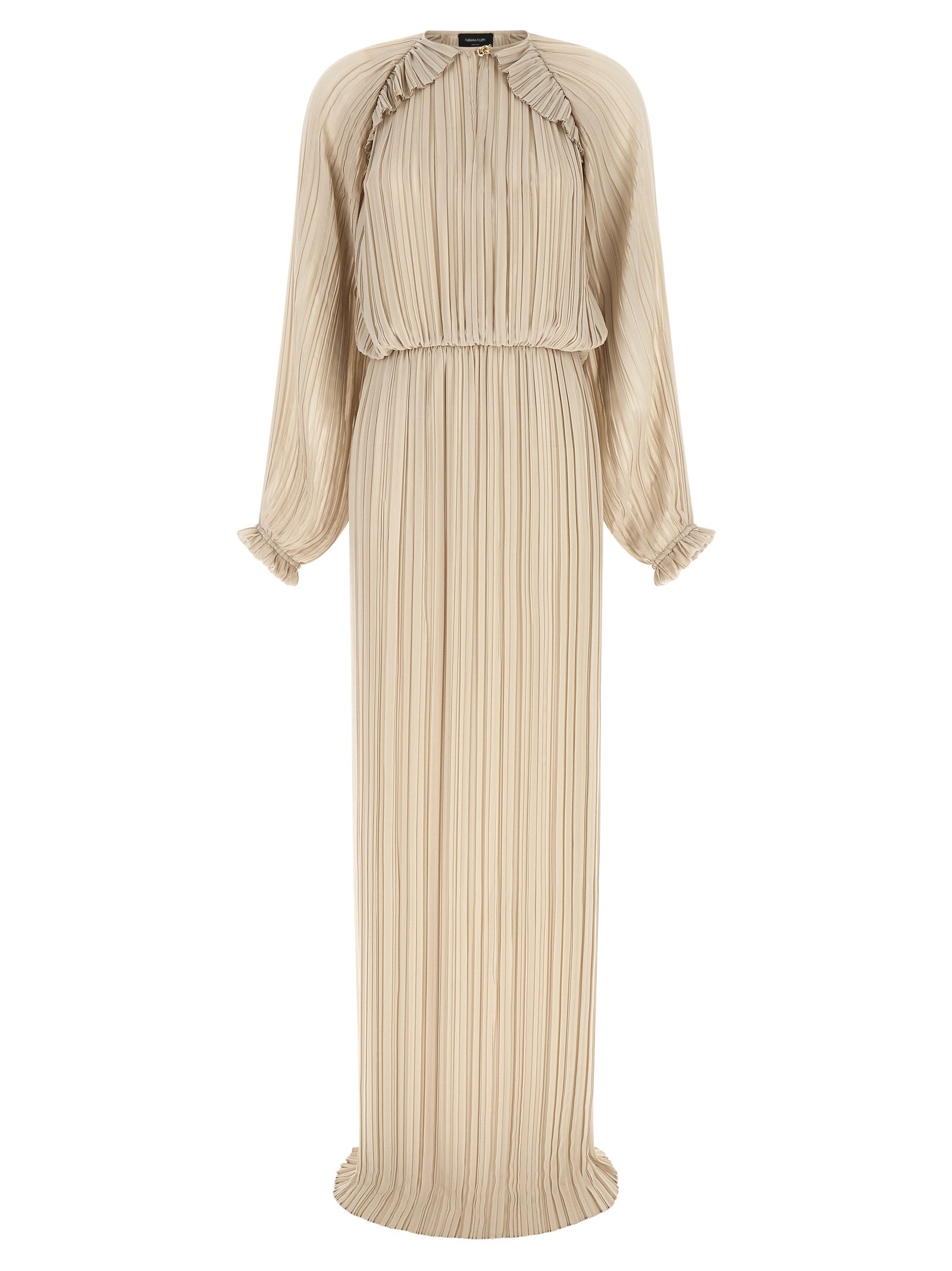 Dress by Fabiana Filippi for women in polyester beige, gold & sand presents a sinuous silhouette, showcasing a sophisticated and detailed with a sinuous long for a refined finish.