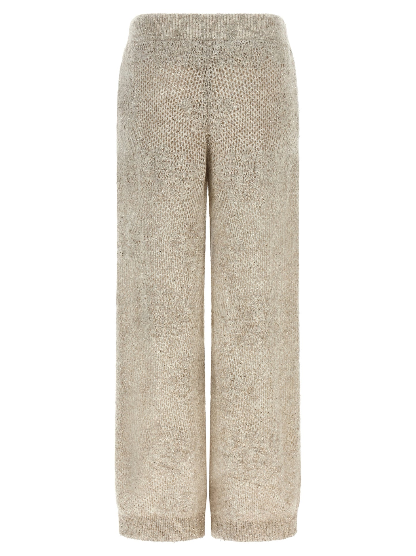 Trousers by Brunello Cucinelli for women in mohair virgin wool & sequins beige & sand presents a smart silhouette, meticulously detailed with a smart straight-leg, relaxed-fit & wide, a smart long, and a smart .