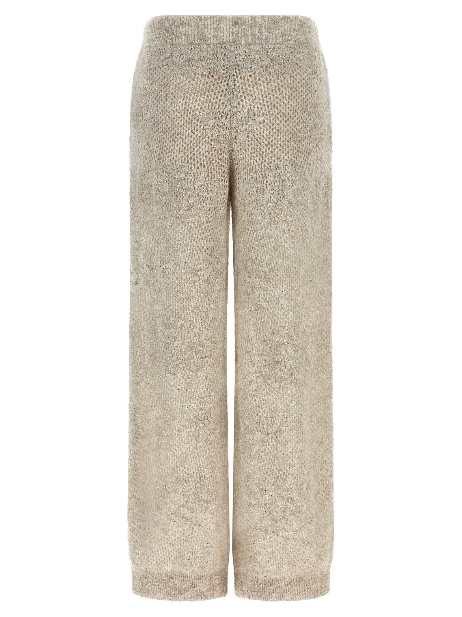 Trousers by Brunello Cucinelli for women in mohair virgin wool & sequins beige & sand presents a smart silhouette, meticulously detailed with a smart straight-leg, relaxed-fit & wide, a smart long, and a smart .