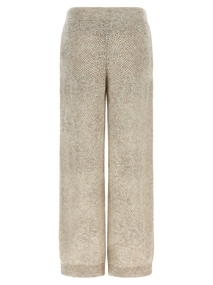 Trousers by Brunello Cucinelli for women in mohair virgin wool & sequins beige & sand presents a smart silhouette, meticulously detailed with a smart straight-leg, relaxed-fit & wide, a smart long, and a smart .