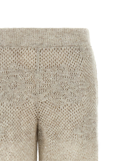 Trousers by Brunello Cucinelli for women in mohair virgin wool & sequins beige & sand features a tailored silhouette with a tailored straight-leg, relaxed-fit & wide, defined by its long and a sophisticated .