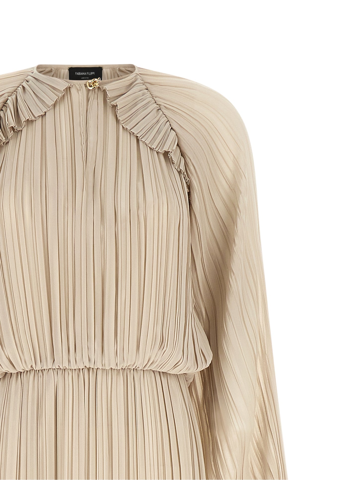 Dress by Fabiana Filippi for women in polyester beige, gold & sand features an eye catching silhouette with a sophisticated , elegant , and a refined long for a eye catching aesthetic.