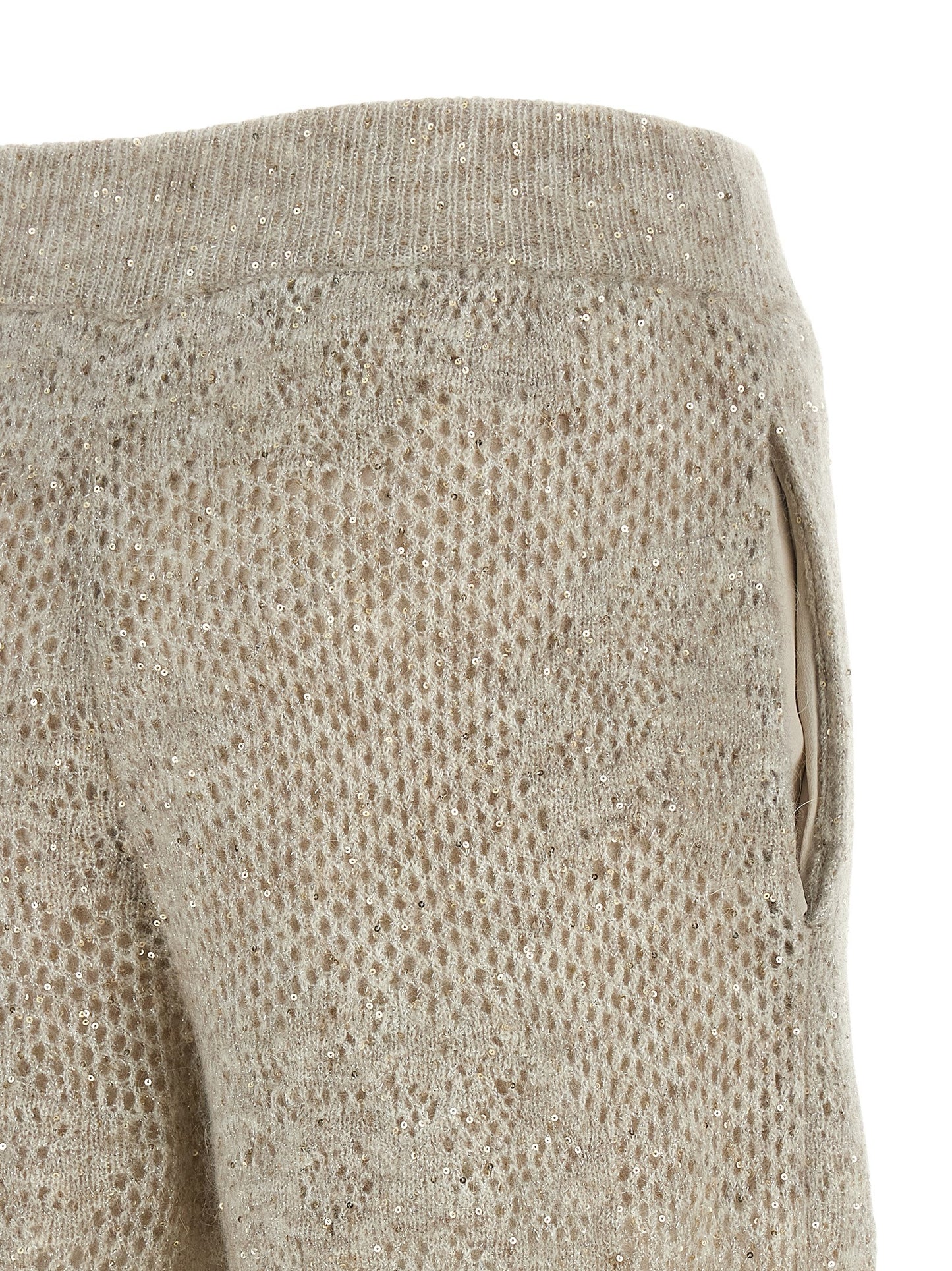 Trousers by Brunello Cucinelli for women in mohair virgin wool & sequins beige & sand features an on trend silhouette, showcasing a sophisticated straight-leg, relaxed-fit & wide with a long and for an on trend finish.
