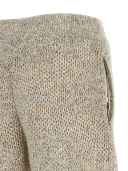 Trousers by Brunello Cucinelli for women in mohair virgin wool & sequins beige & sand features an on trend silhouette, showcasing a sophisticated straight-leg, relaxed-fit & wide with a long and for an on trend finish.