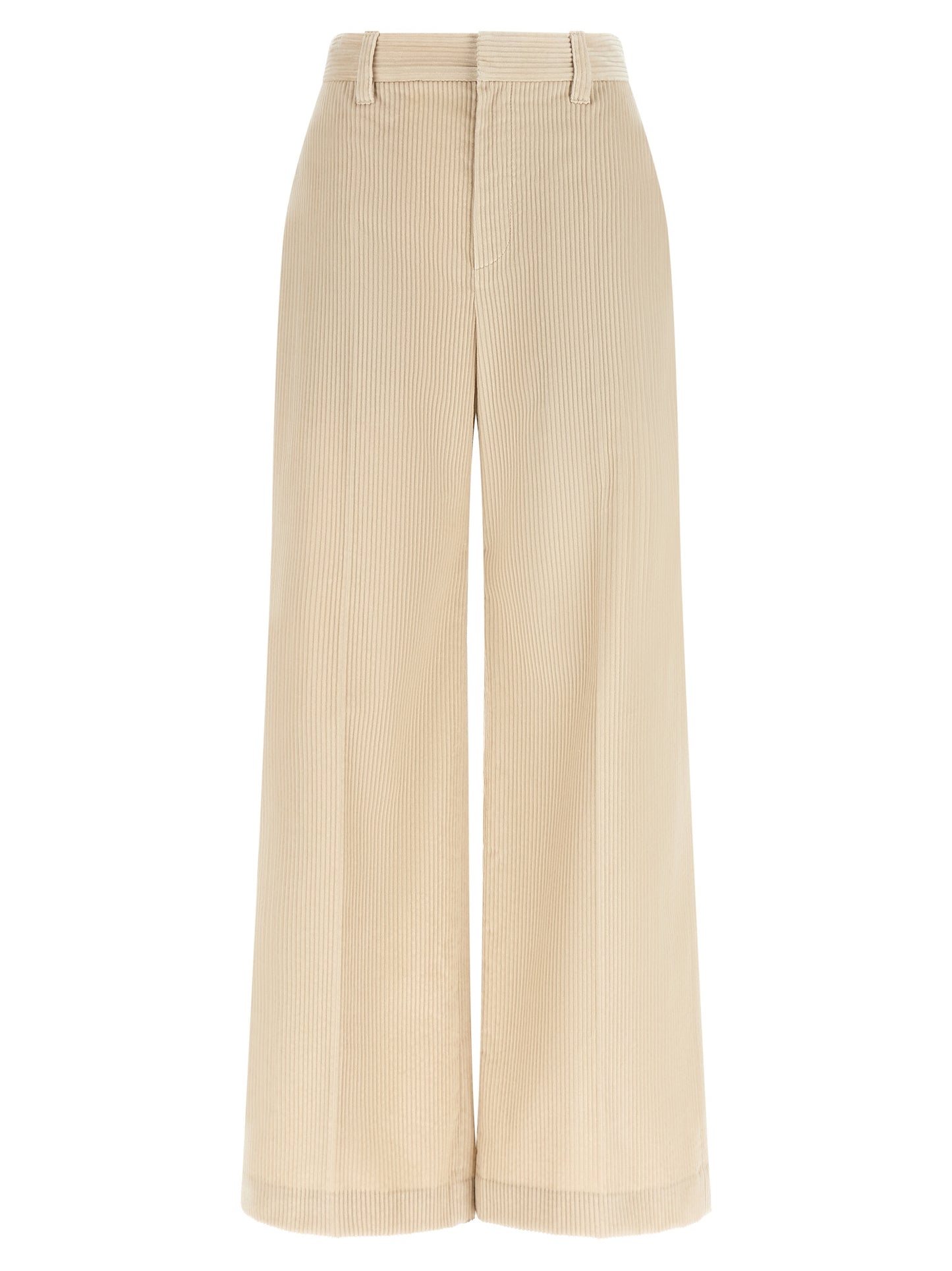 Trousers by Brunello Cucinelli for women in cotton corduroy beige features a tailored silhouette with a tailored wide, defined by its long and a sophisticated high rise.