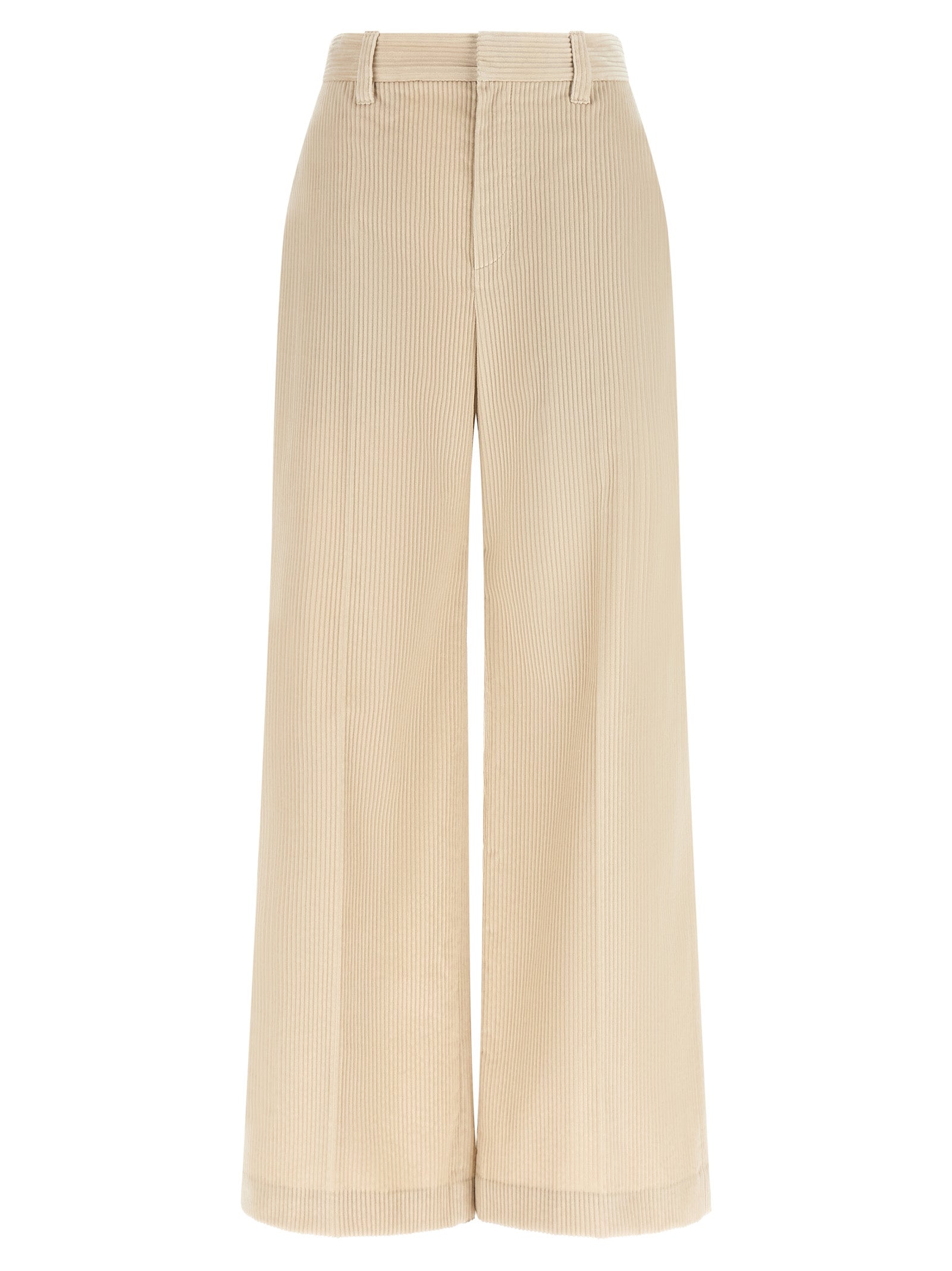 Trousers by Brunello Cucinelli for women in cotton corduroy beige features a tailored silhouette with a tailored wide, defined by its long and a sophisticated high rise.