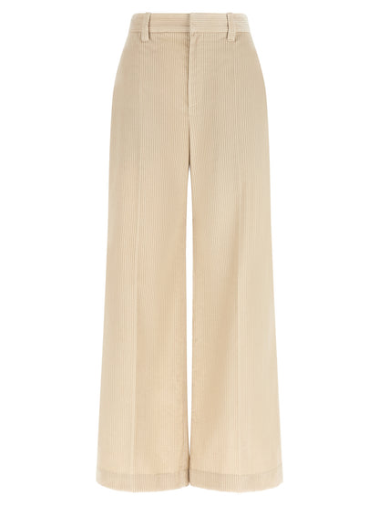 Trousers by Brunello Cucinelli for women in cotton corduroy beige features a tailored silhouette with a tailored wide, defined by its long and a sophisticated high rise.