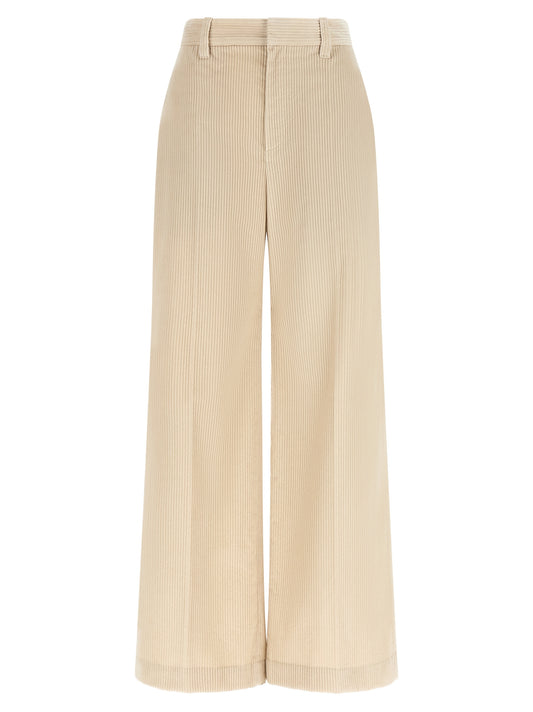 Trousers by Brunello Cucinelli for women in cotton corduroy beige features a tailored silhouette with a tailored wide, defined by its long and a sophisticated high rise.