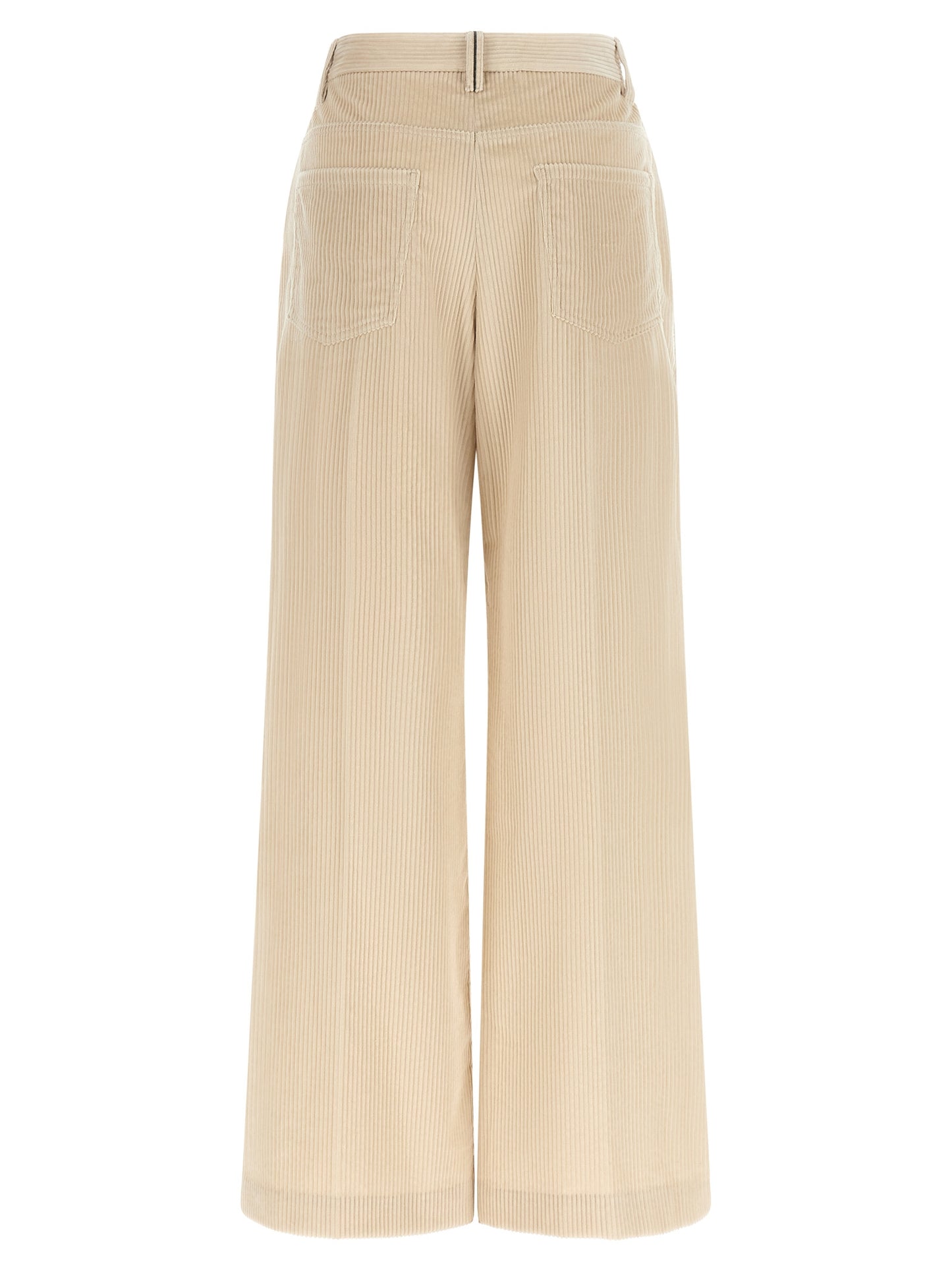 Trousers by Brunello Cucinelli for women in cotton corduroy beige features an on trend silhouette, showcasing a sophisticated wide with a long and high rise for an on trend finish.